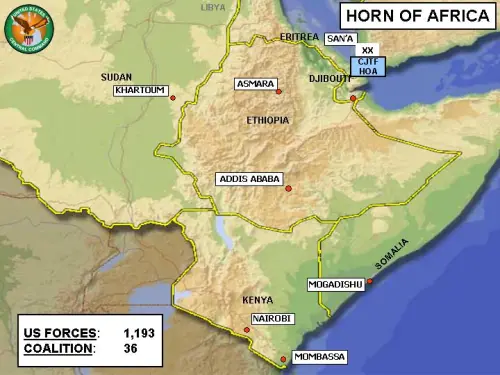 Horn of Africa map provided at a CENTCOM Operational Update Briefing presented by General John Abizaid, Commander, Central Command, on 30 April 2004 