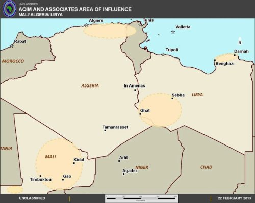 Map released by AFRICOM in its 2013 posture statement showing AQIM areas of influence in Mali, Algeria, and Libya, as of 22 February 2013