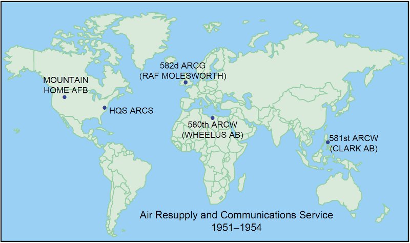 Map United States Air Force Map showing the locations of Air Resupply and Communications Service elements from 1951-1954,