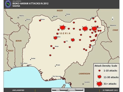 Map released by AFRICOM in its 2013 posture statement showing the approximate areas and density of Boko Haram attacks in Nigeria in 2012. 