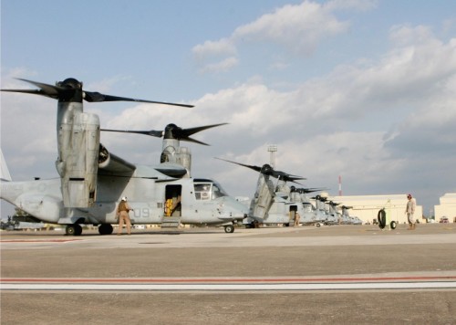 MV-22B Ospreys from  Marine Medium Tiltrotor Squadron 365 at Moron Air Base, Spain, after having arrived to join Special Purpose Marine Air Ground Task Force - Crisis Response.