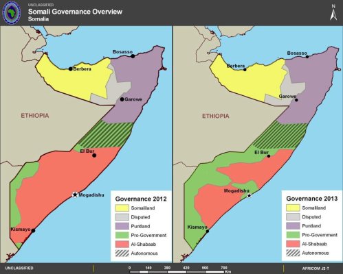 Map released by AFRICOM in its 2013 posture statement showing governance in Somalia in 2012 and 2013.  Note that the green areas are simply listed as "pro-government," indicating that much of this territory is likely controlled by warlords and their militias. 