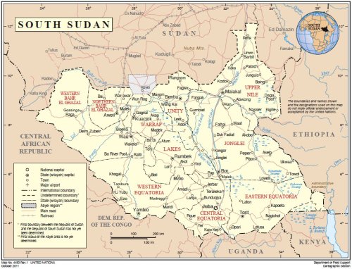 Map of South Sudan from the United Nations, dated October 2011.  The disputed Abyei region is shown shaded grey.