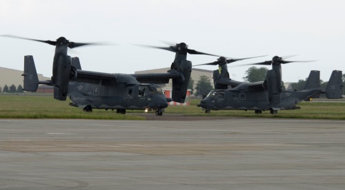Two CV-22B Ospreys taxi to their new home on June 24, 2013, at RAF Mildenhall, England. The Ospreys, assigned to the 7th Special Operations Squadron, were the first of 10 slated to arrive as part of the expansion of the 352nd Special Operations Group.