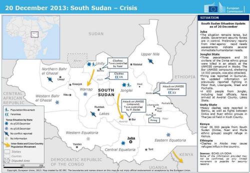 A map released by the European Commission of the crisis in South Sudan as of December 20th, 2013