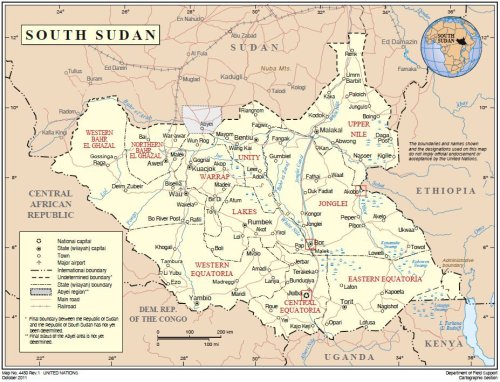 Map of South Sudan from the United Nations, dated October 2011.  The capital, Juba, as well as the cities of Akobo and Bor have been highlighted.