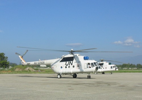 Two UN Mi-8MTV1 helicopters at an unknown location, similar to those operated in South Sudan by the UN Mission in the Republic of South Sudan (via Wikipedia)