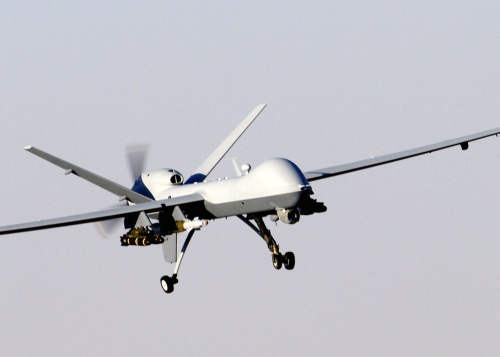 An American MQ-9 Reaper returns to base after a mission in Afghanistan.  French Reapers will not be armed like this one.