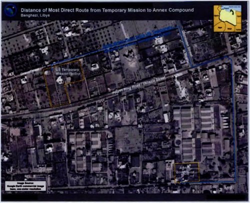A low quality version of a briefing slide from November 2012 provided by the National Geospatial-Intelligence Agency showing the distance of the most direct route from the temporary mission compound to the CIA annex compound in Benghazi, Libya.