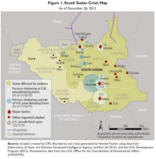 Figure 1, South Sudan Crisis Map, as of December 26, 2013, from Congressional Research Service Report R43344, dated December 27th, 2013