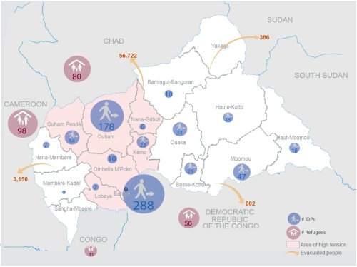 Map showing numbers of IDPs (in thousands) by state in CAR, refugees in neighboring countries (in thousands), along with highlighting of areas of significant tensions, from OCHA's Humanitarian Snapshot, dated 10 February 2014. 