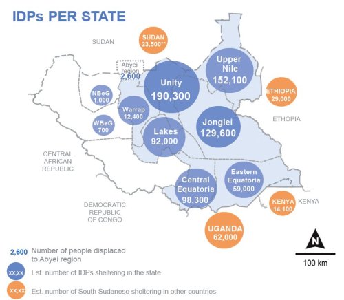 Map showing internally displaced persons per state in South Sudan, from the OCHA Humanitarian Snapshot for South Sudan, dated 7 February 2014 