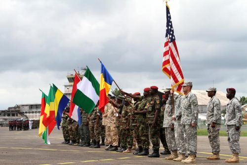 Representatives from the militaries of Burundi, Cameroon, Republic of Congo, Gabon, Netherlands, Nigeria, Chad and the United States participate in the opening ceremony for Central Accord 2014 in Cameroon on 11 March 2014.