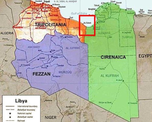 A map showing the regional divisions of Libya, with Tripolitania in the northwest, Fezzan in the southwest,  Cirenaica (Cyrenaica) in the east. As-Sidra, which is close to the boundary between Tripolitania and Cyrenaica is highlighted.