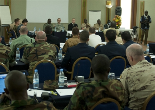 Participants of Exercise Saharan Express 2014 gather during a pre-sail conference in Dakar, Senegal, at the commencement of the exercise on 6 March 2014.