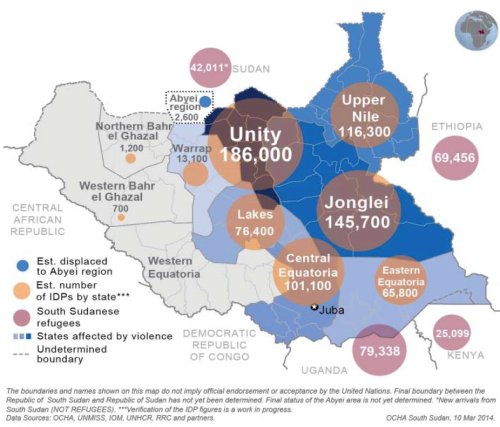 A map showing internally displaced persons in South Sudan and refugees in neighboring countries, from the UN Office for Coordination of Humanitarian Affairs South Sudan Crisis Situation Report No. 26, dated 10 March 2014