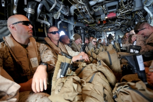Marines from Special Purpose Marine Air Ground Task Force - Crisis Response board an MV-22B Osprey for a training exercise in Tifnit, Morocco on 3 April 2014