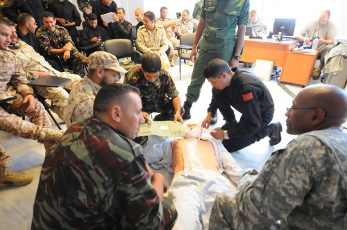 Moroccan and Libyan personnel conduct medical training with the US military at the NATO Maritime Interdiction Operational Training Centre in Greece during Phoenix Express 14.